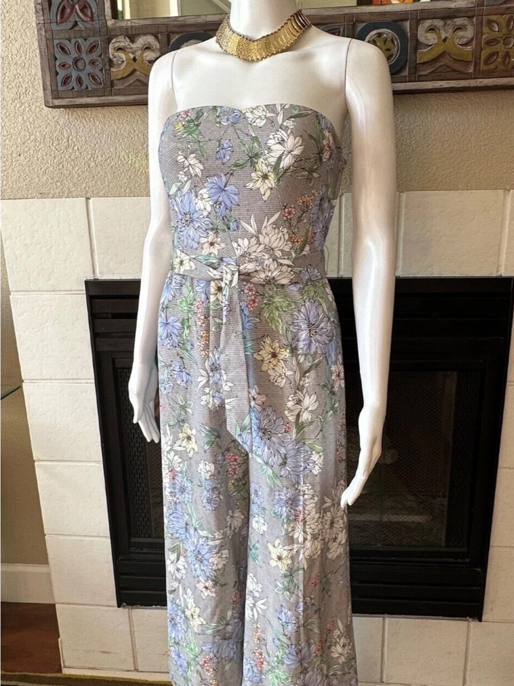 H&M Floral Strapless Wide Leg Jumpsuit in Gray with Pastel Floral Print